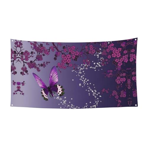 EZDLOWVBA Violette Pflaumen-Flagge mit Schmetterlings-Druck, 4 Ösen, Ösen an jeder Ecke, Polyester-Banner, lustige Flaggen, 90 x 180 cm von EZDLOWVBA