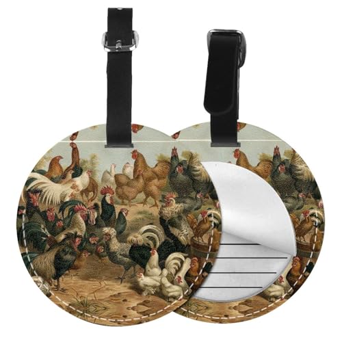 Gepäckanhänger, Motiv: Huhn und Hahn, rund, Leder, Reisekoffer-Etiketten mit Sichtschutz, Namens- und Adresskarte, 1/2 Stück Gepäckanhänger, Motiv: Huhn und Hahn, rund, Leder, Reisekoffer-Etiketten mit Sichtschutz, Namens- und Adresskarte, 1/2 Stück von EZDLOWVBA