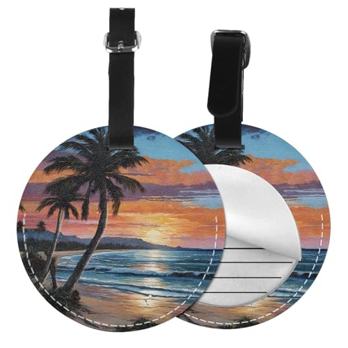 Gepäckanhänger, Motiv: Kokosnuss, Strand, Sonnenuntergang, Hängematte, bedruckt, rund, Leder, Reisekoffer-Etiketten mit Sichtschutz, Name, Adresskarte von EZDLOWVBA