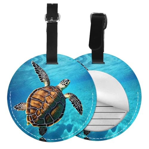 Gepäckanhänger, Motiv: Schwimmschildkröte, 1/2/4 Stück, rund, Leder, Reisekoffer-Etiketten mit Privatsphäre, Namens- und Adresskarte von EZDLOWVBA