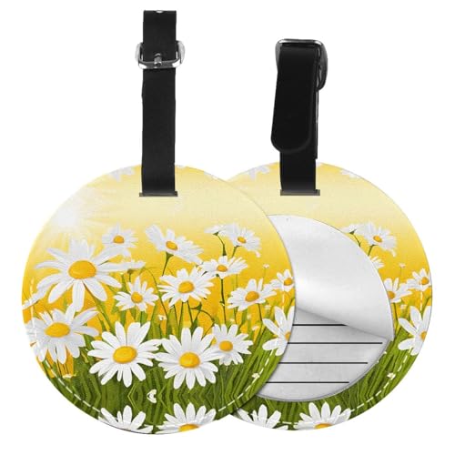 Gepäckanhänger, Motiv: Sommerblumen, Gänseblümchen, 1/2/4 Stück, rund, Leder, Reisekoffer-Etiketten mit Privatsphäre, Name, Adresskarte von EZDLOWVBA