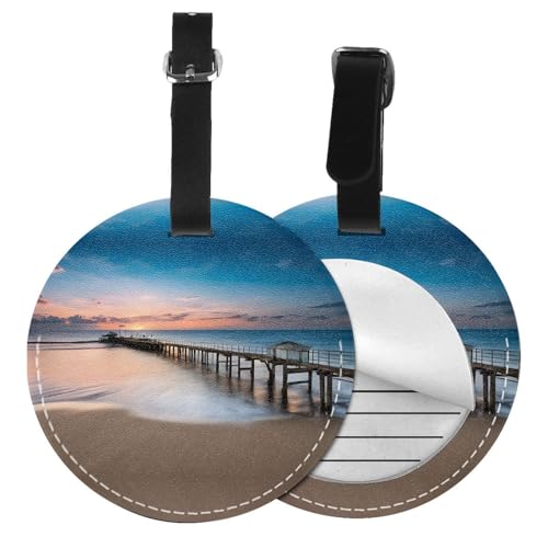 Gepäckanhänger, Motiv: Sonnenuntergang, Strand und Brücke, rund, Leder, Reisekoffer-Etiketten mit Sichtschutz, Name, Adresskarte von EZDLOWVBA