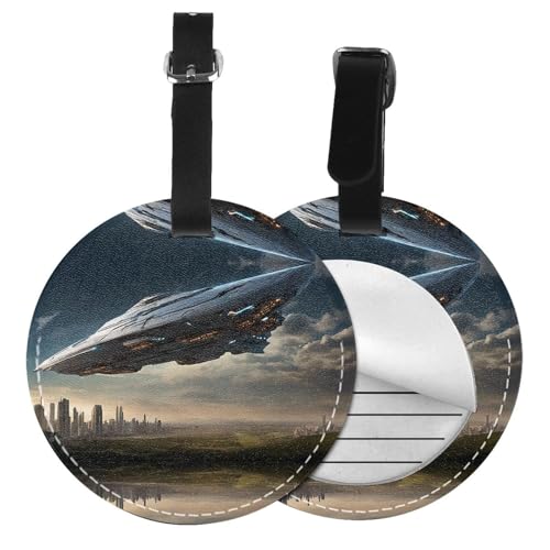 Gepäckanhänger, Motiv: UFO bei Nacht, rund, Leder, Reisekoffer-Etiketten mit Sichtschutz, Name, Adresskarte, 1/2/4 Stück von EZDLOWVBA
