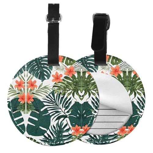 Gepäckanhänger, Motiv: tropische Sommer, Hawaii-Blume, Palmblätter, rund, Leder, Reisekoffer-Etiketten mit Privatsphäre, Name, Adresskarte von EZDLOWVBA