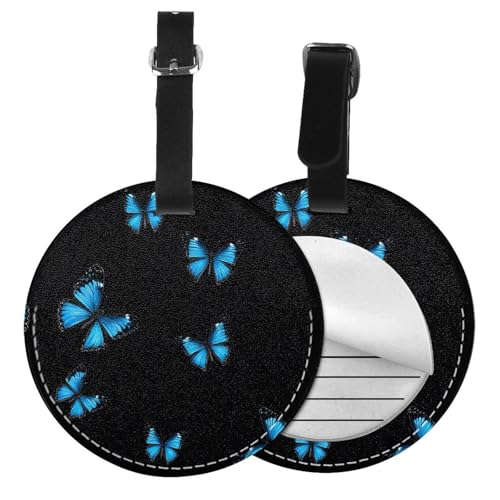 Gepäckanhänger, rund, Leder, Reisekoffer-Etiketten mit Sichtschutz, Blau, Schmetterlingsdruck, 1/2/4 Stück von EZDLOWVBA