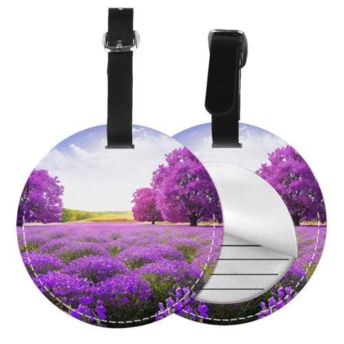 Gepäckanhänger, rund, Leder, Reisekoffer-Etiketten mit Sichtschutz, Lavendelmuster, Violett, 1/2/4 Stück von EZDLOWVBA
