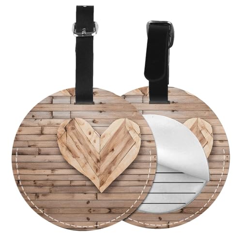 Gepäckanhänger aus Holz, Herz-Druck, 1/2/4 Stück, rund, Leder, Reisekoffer-Etiketten mit Privatsphäre, Namens- und Adresskarte von EZDLOWVBA