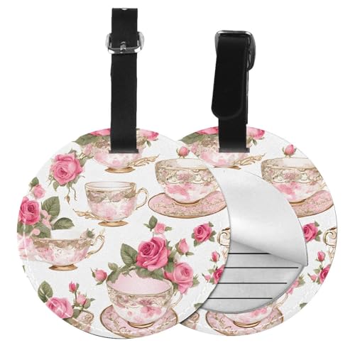 Gepäckanhänger für Teetassen mit Rosen, romantischer Shabby-Druck, 1/2/4 Stück, rund, Leder, Reisekoffer-Etiketten mit Privatsphäre, Namens- und Adresskarte von EZDLOWVBA