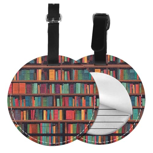 Gepäckanhänger mit Bibliotheks-Bücherregaldruck, rund, Leder, Reisekoffer-Etiketten mit Sichtschutz, Name, Adresskarte von EZDLOWVBA