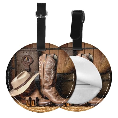 Gepäckanhänger mit Cowboy-Motiv, schwarz, Westernstiefel, 1/2/4 Stück, rund, Leder, Reisekoffer-Etiketten mit Privatsphäre, Name, Adresskarte von EZDLOWVBA