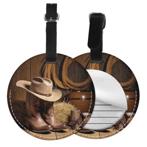 Gepäckanhänger mit Cowboyhut, Westernstiefel, rund, Leder, Reisekoffer-Etiketten mit Sichtschutz, Name, Adresskarte von EZDLOWVBA