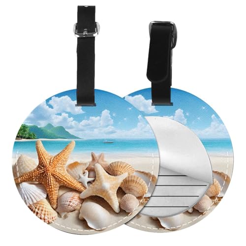 Gepäckanhänger mit Muschel-Strand-Aufdruck, rund, Leder, Reisekoffer-Etiketten mit Privatsphäre, Namens- und Adresskarte von EZDLOWVBA