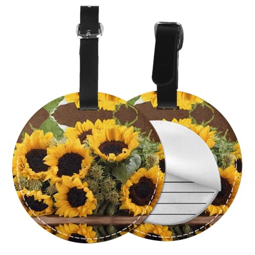 Gepäckanhänger mit Sonnenblumen-Aufdruck, rund, Leder, Reisekoffer-Etiketten mit Sichtschutz, Namens- und Adresskarte von EZDLOWVBA