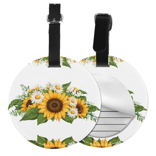 Gepäckanhänger mit Sonnenblumen-Druck, rund, Leder, Reisekoffer-Etiketten mit Sichtschutz, Name, Adresskarte von EZDLOWVBA