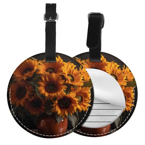 Gepäckanhänger mit Sonnenblumenmuster, rund, Leder, Reisekoffer-Etiketten mit Sichtschutz, Namens- und Adresskarte von EZDLOWVBA
