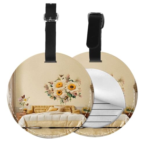 Gepäckanhänger mit ländlichen Bienen, Wildblumen-Druck, rund, Leder, Reisekoffer-Etiketten mit Sichtschutz, Name, Adresskarte von EZDLOWVBA