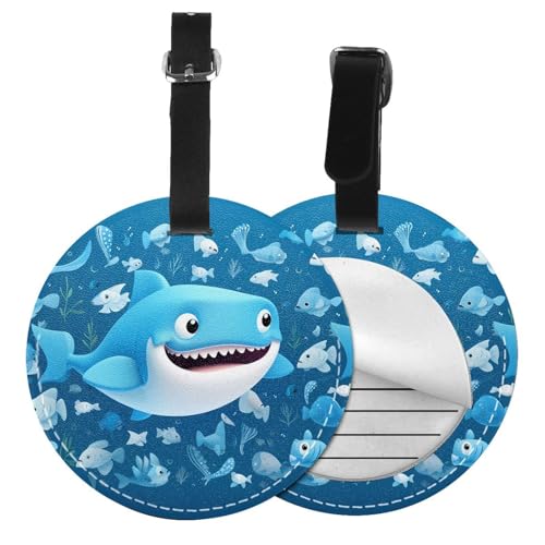 Gepäckanhänger mit süßem blauen Fisch-Druck, rund, Leder, Reisekoffer-Etiketten mit Sichtschutz, Namens- und Adresskarte von EZDLOWVBA