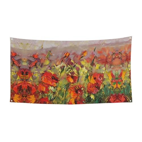 Ölgemälde-Flagge mit rotem Blumendruck, 4 Ösen, Ösen an jeder Ecke, Polyester-Banner, lustige Flaggen, 90 x 180 cm von EZDLOWVBA