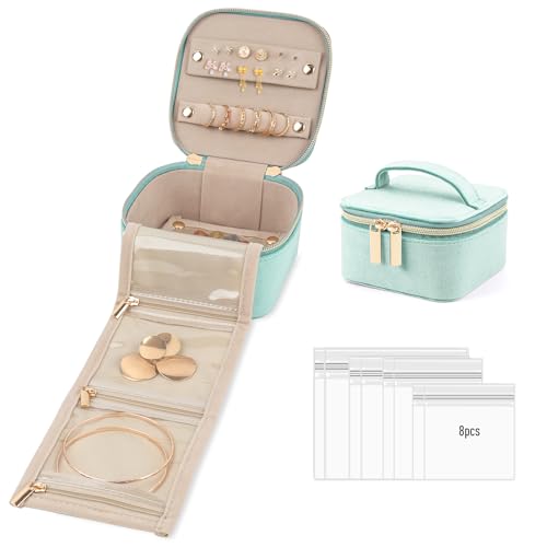 EZESO Schmuckkästchen Reise, kleine Schmuckschatulle für Damen, Samt Schmuck Geschenkbox mit 8 klaren Schmuck Taschen für Halskette, Ring, Ohrringe, Cyan EZESO Schmuckkästchen Reise, kleine Schmuckschatulle für Damen, Samt Schmuck Geschenkbox mit 8 klaren Schmuck Taschen für Halskette, Ring, Ohrringe, Cyan von EZESO