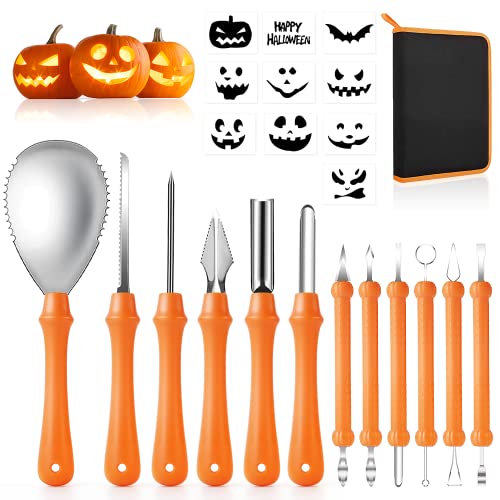 EZGETOP Halloween Kürbis Schnitzset, 22 Stück Edelstahl Kürbis Schnitzwerkzeug, Kürbis-Carving-Set DIY Dekoration mit Tragetasche und 10 Kürbis Schnitzen Schablone EZGETOP Halloween Kürbis Schnitzset, 22 Stück Edelstahl Kürbis Schnitzwerkzeug, Kürbis-Carving-Set DIY Dekoration mit Tragetasche und 10 Kürbis Schnitzen Schablone von EZGETOP