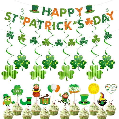 St. Patricks Day Dekorationen, 3 vormontierte St. Patrick's Kleeblatt-Banner, 8 hängende Wirbel, 12 Cupcake-Topper für irische Party-Dekoration St. Patricks Day Dekorationen, 3 vormontierte St. Patrick's Kleeblatt-Banner, 8 hängende Wirbel, 12 Cupcake-Topper für irische Party-Dekoration von EZGETOP