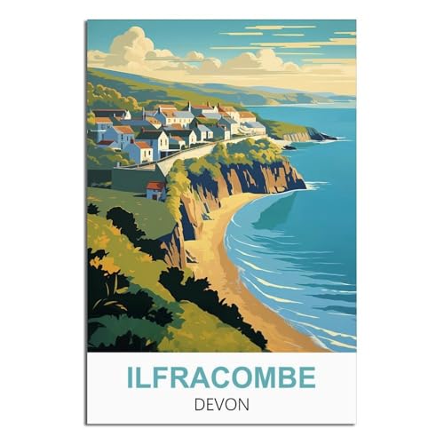 EZMLFA DIY Rahmenloses Malen-nach-Zahlen-Set, Ilfracombe Devon, mit Pinsel und Acrylfarben-Set, Thema Digitales Wandkunstwerk für Zuhause, 30 x 40 cm von EZMLFA