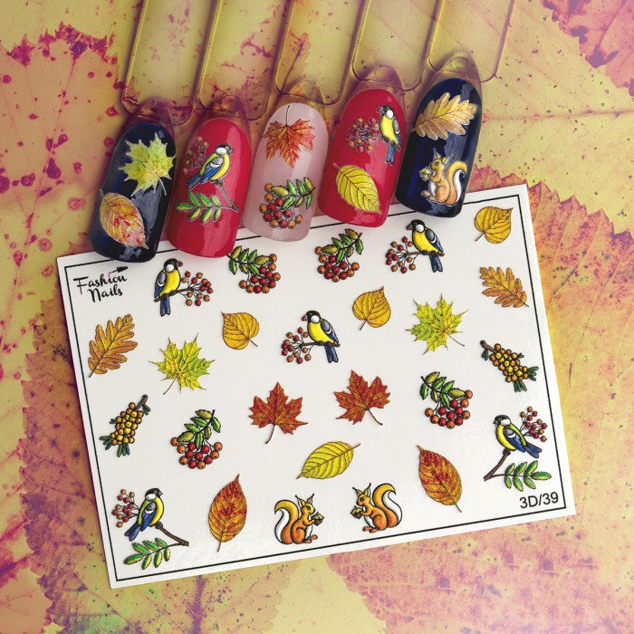 3D Herbst Blätter, Vögel, Vogelbeeren, Eichhörnchen - Waterslide Water Transfer Nail Art Decals von EZNailsStore