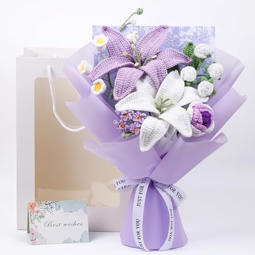 Häkelblumenstrauß – Handgefertigter gestrickter Häkelblumenstrauß mit Rosen & Lilie – künstliche Häkelblume für Muttertag, Geburtstag, Hochzeit, Heimdekoration – Geschenktüte & Grußkarten enthalten Häkelblumenstrauß – Handgefertigter gestrickter Häkelblumenstrauß mit Rosen & Lilie – künstliche Häkelblume für Muttertag, Geburtstag, Hochzeit, Heimdekoration – Geschenktüte & Grußkarten enthalten von EZsenses