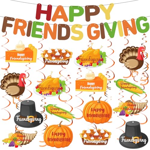 Eaasty Banner mit Aufschrift "Happy Friends", Partydekoration, Partydekoration, Girlanden mit 16 Stück Truthahn-Kürbis-Hängewirbel für Thanksgiving, Party, Innen- und Außenbereich, 2 Stück Eaasty Banner mit Aufschrift "Happy Friends", Partydekoration, Partydekoration, Girlanden mit 16 Stück Truthahn-Kürbis-Hängewirbel für Thanksgiving, Party, Innen- und Außenbereich, 2 Stück von Eaasty