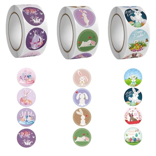 Eabdice 1500 Osteraufkleber, Runde wasserdichte Osterornamente, Easter Bunny Stickers, Osteraufkleber für Karten, Scrapbooking, Umschläge, Geschenke (3 Rollen) von Eabdice