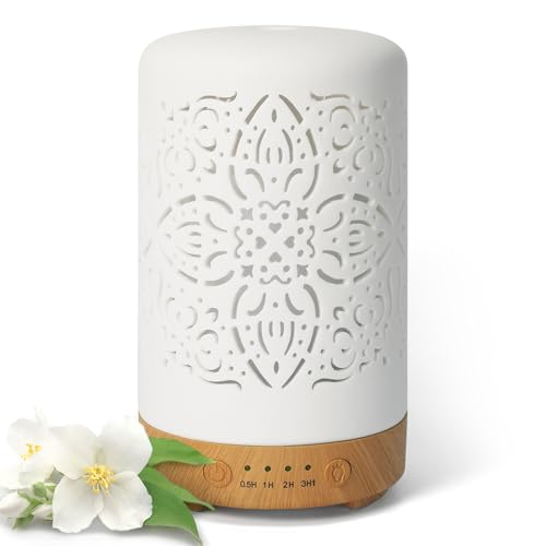 Earnest Living Aroma Diffuser für Ätherische Öle 100 ml - Weißer Keramik Raumduft Duftöl Diffuser - Elektrische Duftlampe, Luftbefeuchter, Nachttischlampe - 7 Lichtfarben, Timer, Abschaltautomatik von Earnest Living