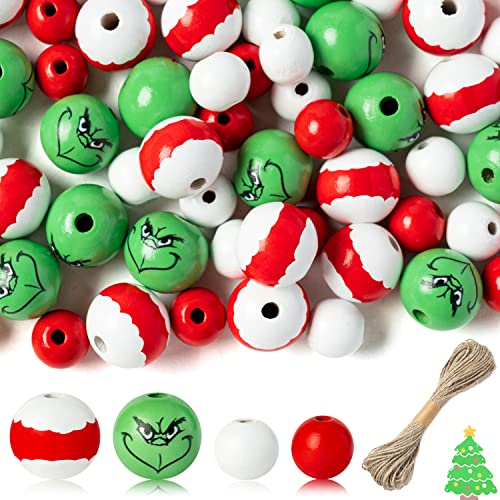 Eartim 121 Stück Weihnachten Holzperlen Rot Grün Runde Perlen Rustikale Bauernhaus mit 180 m Schnur Naturholzperlen Handwerk DIY Weihnachten Party Hängende Ornament Dekor von Eartim