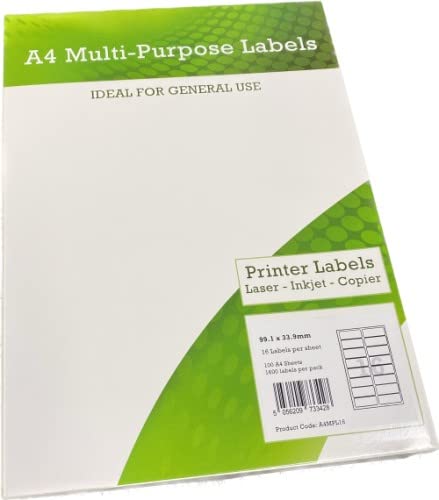 Mehrzweck-Etiketten, DIN A4, 16 Stück pro Blatt, 99,1 x 33,9 mm, Weiß, 100 Stück von Eason Bros