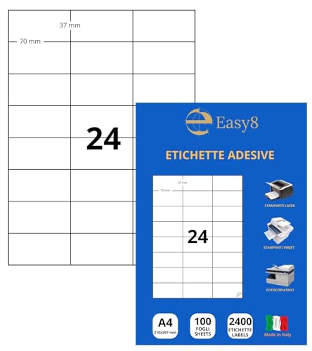 Easy8 70x37 100 Blatt, A4-Klebeetiketten, selbstklebend, ohne Rand, bedruckbar, weiß, kompatibel mit allen Laser-, Tintenstrahl- und Fotokopierdruckern von Easy8