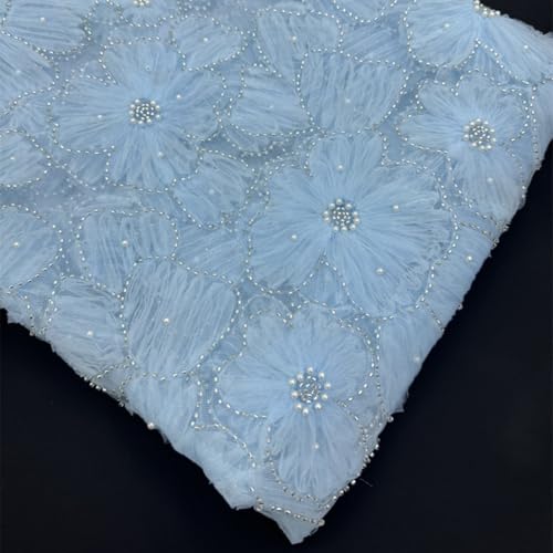 Einzigartiger 3D-Blumenmuster-Spitzenstoff mit Perlendetails für elegante Hochzeitskleidung (blau) von EasyByMall