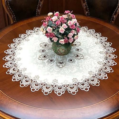 Tischdecke mit Spitzenblumenmuster, runde Tischdecke, einfarbige Tischdecken mit Quasten, Tischdecke für Esstisch, Couchtisch, 50 cm von EasyByMall