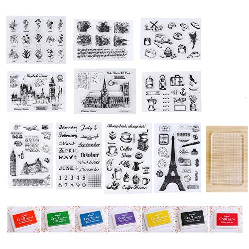 EasyLife 18-teiliges Set, einschließlich 10-teiliger klarer Silikonstempel, 1-teiliger Acrylstempelblock und 7-farbiger Stempelkissen für Briefe, Tagebuch und Bastelalbum von EasyLifeStore