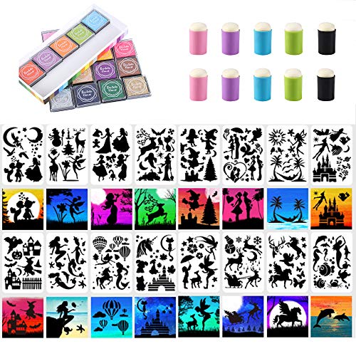 EasyLife Painting Stencil Template Set, einschließlich 16 Stück Hohlmalschablonen, 20 Stück Colors Stamp Pads, 10 Stück Finger Drawing Tools, für DIY-Zeichenprojekte von EasyLifeStore