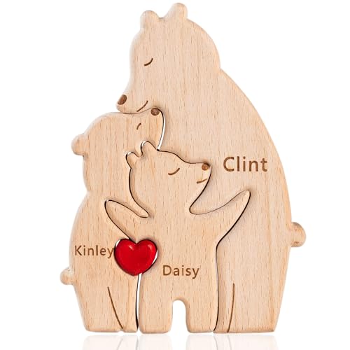 Easycosy personalisiertes Holzkpuzzle der Bärenfamilie mit 2-7 Namen| liebevolle Familien Geschenke für Mama, Papa zum Muttertag Vatertag| Holz Bär Skulpturen als Desktop Ornament, Tischdekoration von Easycosy