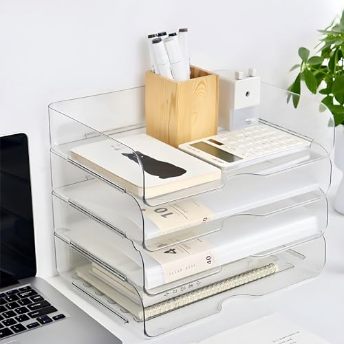 Easyhomie Vierstufige Ablagekorb A4, Multifunktionale Briefablage & Dokumentenablage aus PET Kunststoff, Stapelbare Büro Organizer (Transparent) von Easyhomie