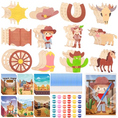 36 Sets Western Cowboy Cowgirl Party Favors Wild West Holzmalerei-Set West unlackierte Holzausschnitte, Westernkarten, Farbe mit Pinseln, OPP-Beutel für Geburtstagsparty, Schulbedarf (Western) von Easywiny