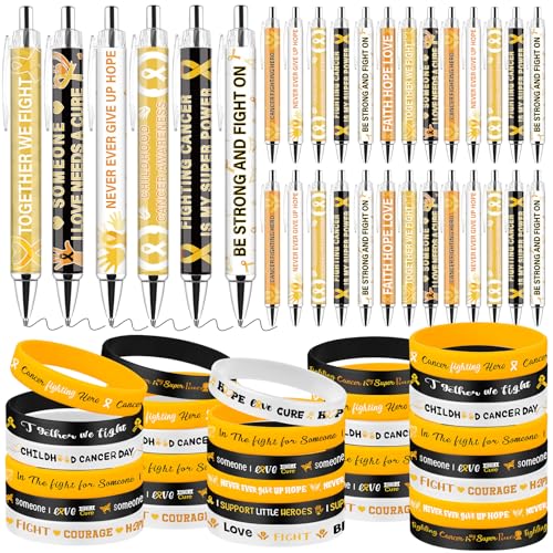 72-teiliges goldenes Kinderkrebs-Bewusstseins-Set, 36 Silikon-Armbänder und 36 Kugelschreiber zur Unterstützung von Kinderkrebs, Wohltätigkeitsorganisationen, Spenden für Schulbedarf, Klassenzimmer von Easywiny