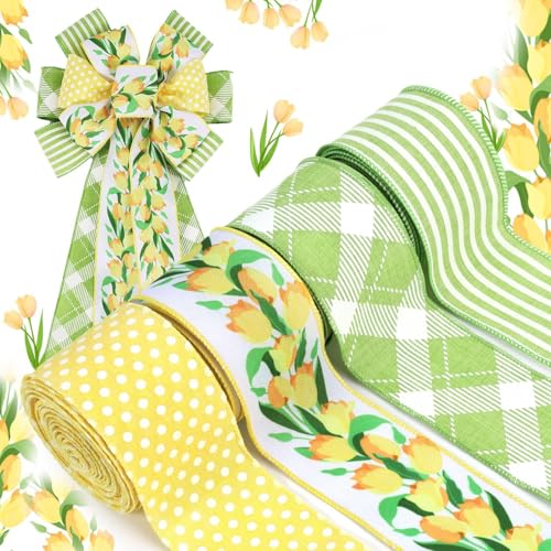 4 Rollen Tulpen Drahtband, Blumenband mit Streifen und Punkten, bedruckt für Frühling, Ostern, Sommer, Basteln, Wickelkranz, Dekoration, 6,3 cm, 6 m 4 Rollen Tulpen Drahtband, Blumenband mit Streifen und Punkten, bedruckt für Frühling, Ostern, Sommer, Basteln, Wickelkranz, Dekoration, 6,3 cm, 6 m von Eatbuy