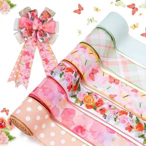 6 Rollen Schmetterlingsband mit Drahtrand, florales Band mit Karomuster und Punkten, bedruckt für Frühling, Ostern, Sommer, Basteln, Wickelkranz, Schleife, Dekoration, 6,3 cm, 6 m (Orange) von Eatbuy