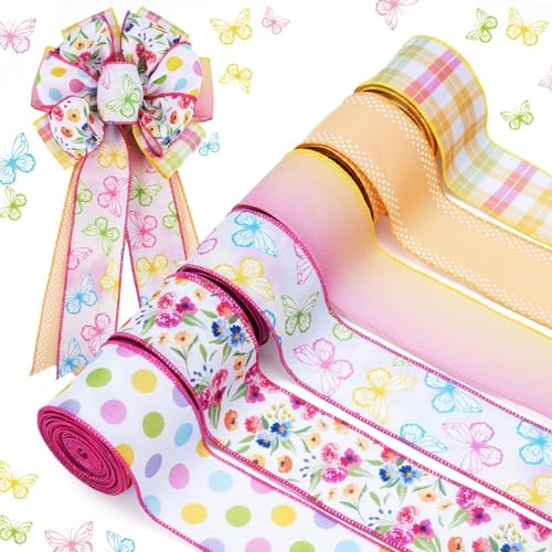 6 Rollen Schmetterlingsband mit Drahtrand, florales Band mit Karomuster und Punkten, bedruckt für Frühling, Ostern, Sommer, Basteln, Wickelkranz, Schleife, Dekoration, 6,3 cm, 6 m (Rosa) von Eatbuy