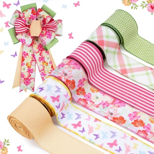 6 Rollen Schmetterlingsband mit Drahtrand, florales Band mit Karomuster und Punkten, bedruckt für Frühling, Ostern, Sommer, Basteln, Wickelkranz, Schleife, Dekoration, 6,3 cm, 6 m (grün) von Eatbuy