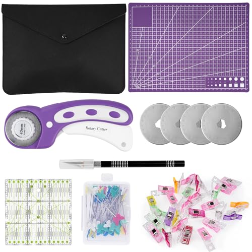 Rollschneider-Set, Näh- und Quiltzubehör, 45 mm Stoffschneider, 5 Rollschneider-Klingen, A4-Schneidematte zum Nähen, ideales Quilt-Set für Liebhaber und Anfänger (lila) von Eatbuy