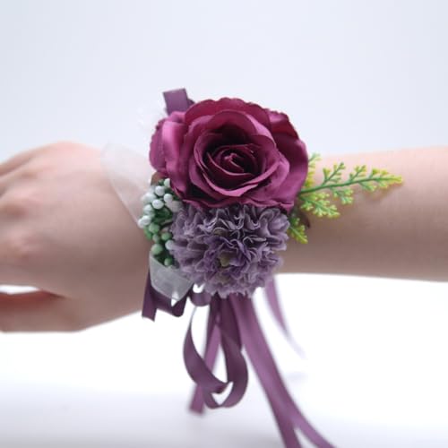 Hochwertige Kunstblume für das Handgelenk, perfekt für Brautjungfern und Schwestern, mehrere Farben (dunkelviolett) von Eawfgtuw