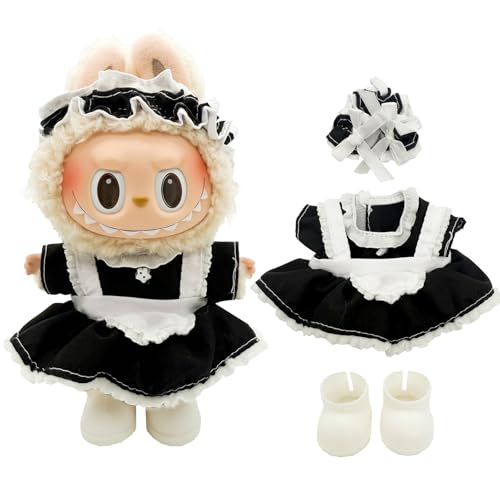 Eayaele Kleidung für Labubu - 3-teiliges Set mit Schuhen für 17.0 cm Puppe, Premium Labubu Outfit mit Zubehör, stilvolle Labubu Kleidung für Puppe (Black Maid) von Eayaele