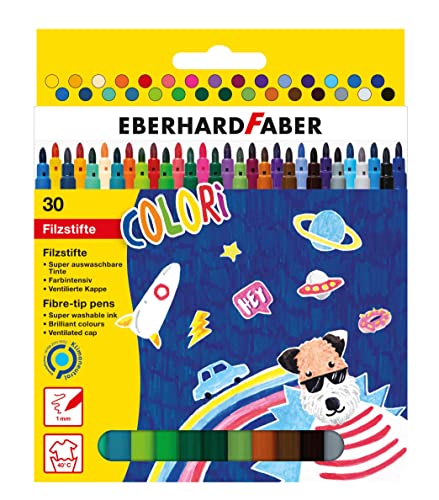 Eberhard Faber 551130 - Colori Filzstifte in 30 intensiven Farben, Minenstärke 1 mm, auswaschbar, im Kartonetui, zum Zeichnen, Malen, Kolorieren, Basteln und Schreiben von Eberhard Faber